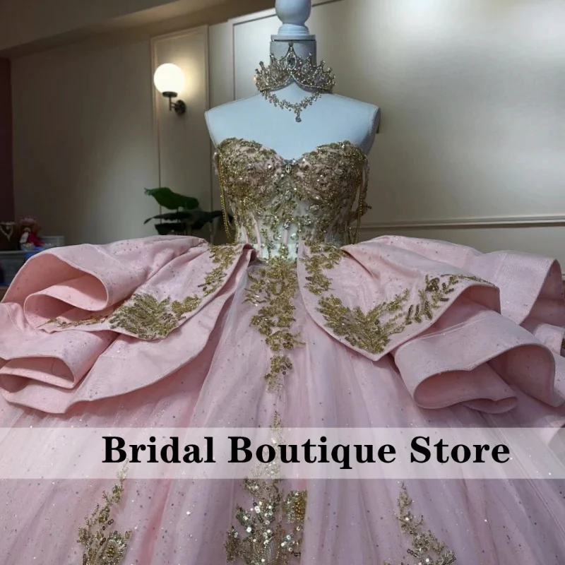 Pink Shiny Quinceanera Dresses Off The Shoulder Gold Applique Lace Beading Bow Tull Party Birthday Sweet 16 Dress Vestidos De 15