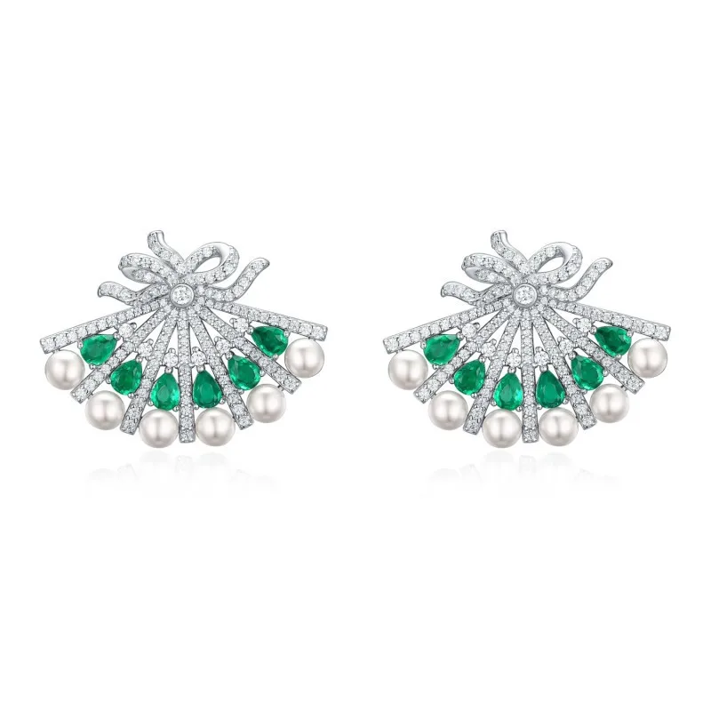 ZOCA 925 Sterling Silver Fan Stud Earrings For Women Stone Green Enamel Shell Pearl Delicate Fine Party Jewelry