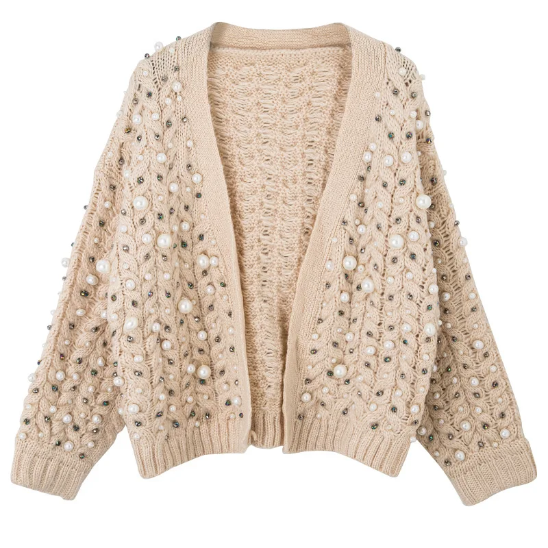 Luxury Autumn Winter Pearls Rhinestone Beads Thick Twisted Crocheted Cardigan Women Sweater Coat Sweater Jacket Knitwear Tops