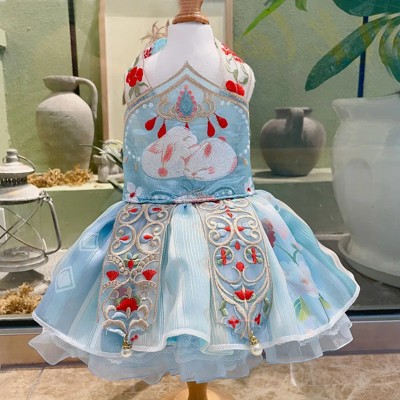 Chinese Hanfu Pet Dog Clothes Puppy Dresses Handmade Rabbit Embroidery Print Cute Sling Princess Dress For Small Medium Dogs