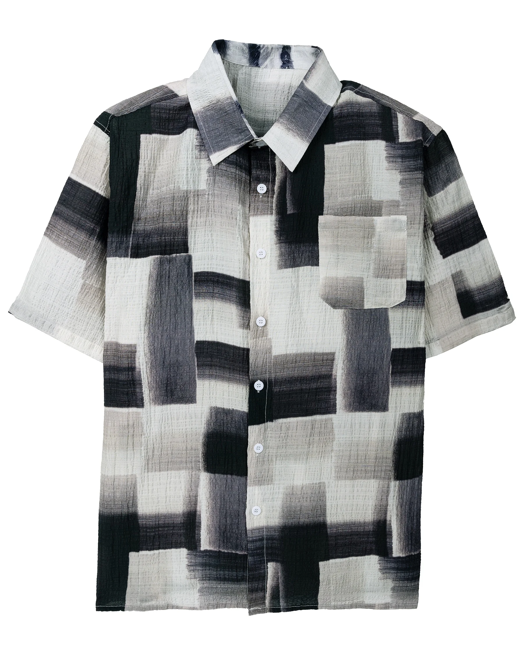 2025 Summer Men's Short-Sleeved New Style Shirt with Geometric Patterns, Casual Beach Collar Shirt