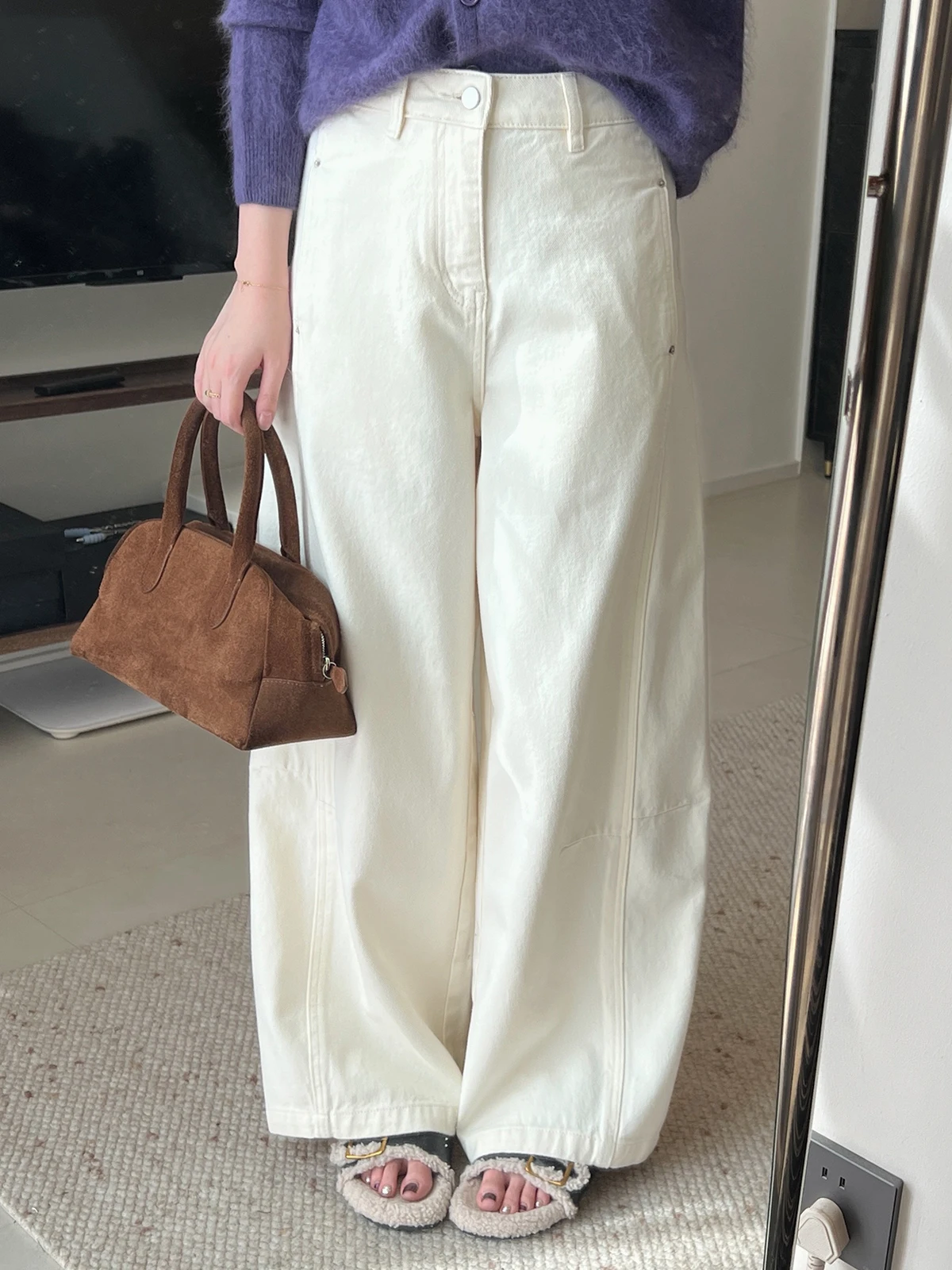 

Белые джинсы с завышенной талией и широкими штанинами, женские свободные утягивающие повседневные универсальные длинные брюки из хлопка с дугой для поездок на работу