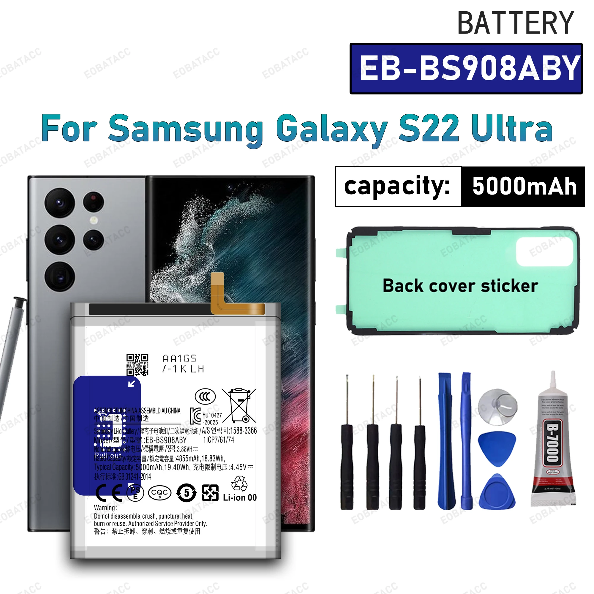 100% New High Quality EB-BS908ABY Battery For Samsung Galaxy S22 Ultra Batteries+Free Tools