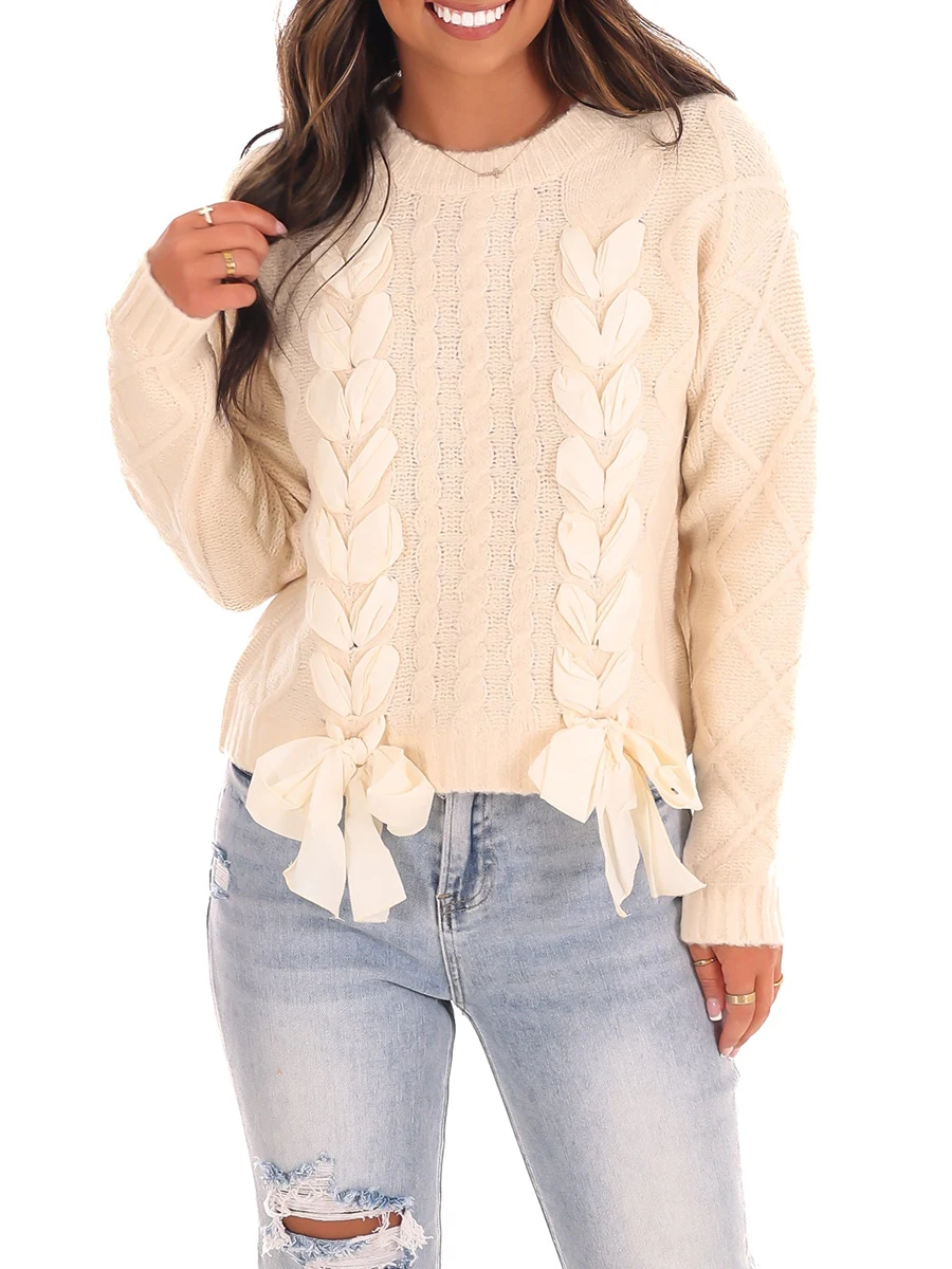 Pull ras du cou à manches longues avec nœud papillon pour femme, pull en tricot au crochet, pull en tricot mignon, tricots roses, Y2K