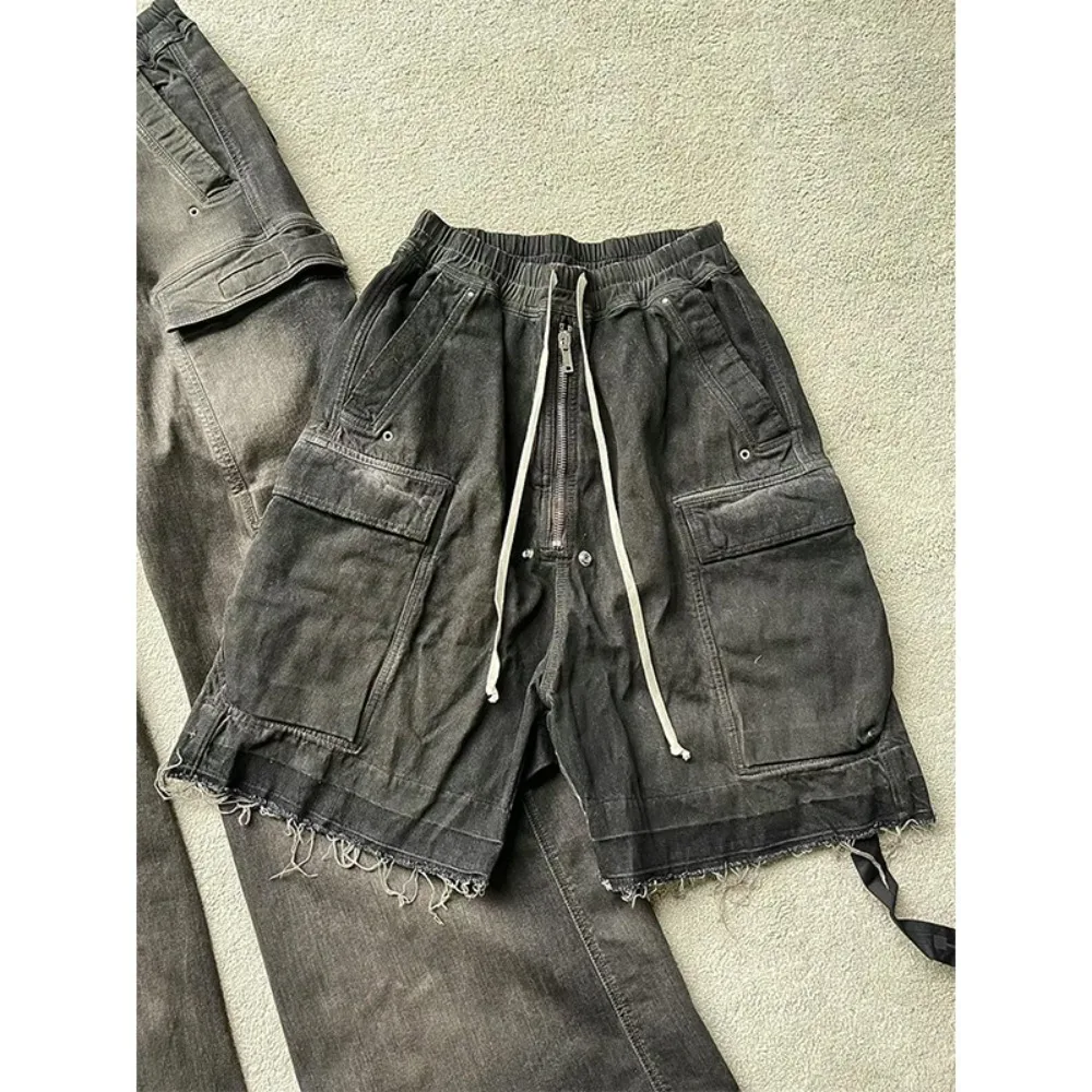 High Street RO Style Coated Waxed Ribbon Multi Pocket Workwear Denim Shorts Men's New Five Inch Jeans Shorts Men Clothing