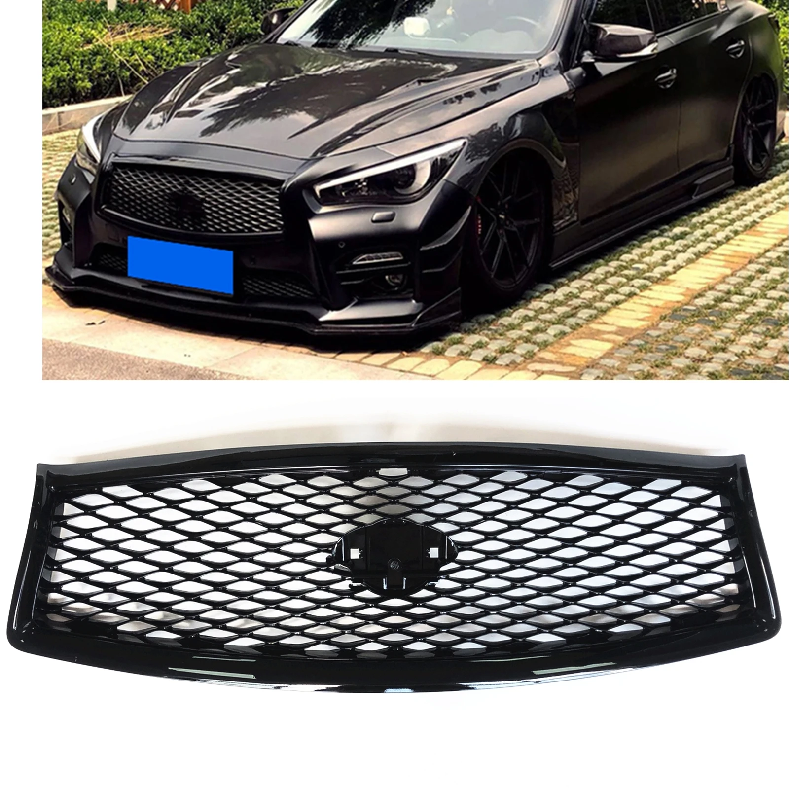 Racing Grill For Infiniti Q50 Q50S 2014-2017 All Models Gloss Black Front Grille Replacement Car Upper Bumper Hood Mesh Grid Kit