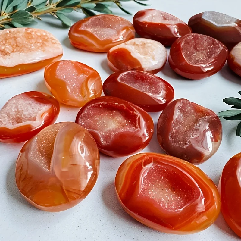 

1pc High Quality Natural Polished Carnelian with Sugar Druzy Red Agate Cabochon/Palm Gifts for Nature Lovers Home Decor