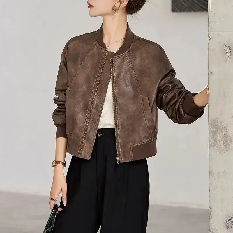 Spring Autumn Short Female Baseball Aviator Coats Fashion Youthful Casual Offer Cheap Lined Women's PU Leather Bomber Jackets