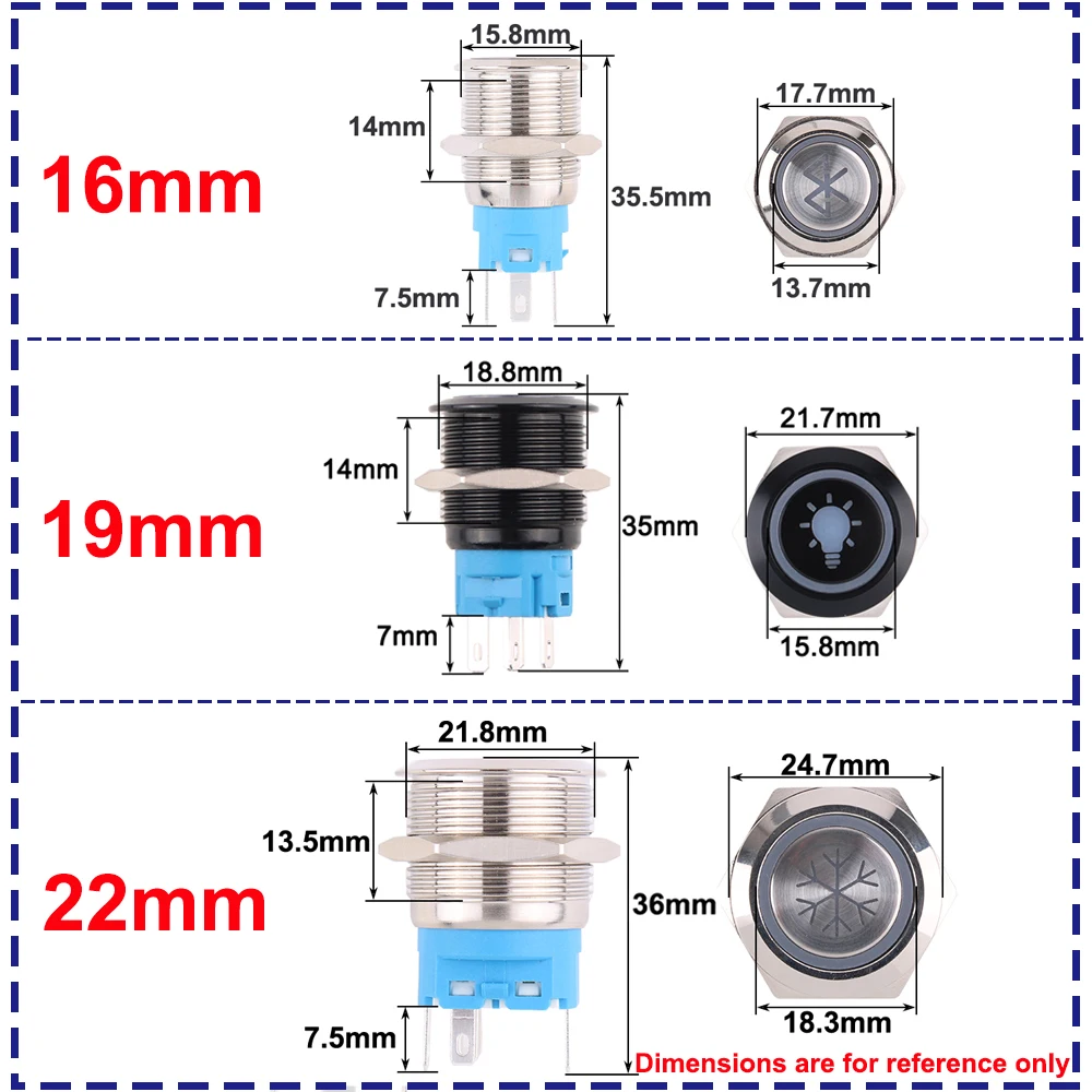 16mm 19mm 22mm Waterproof Custom Metal Push Button Switch Start Stop LED Light For Motorcycle Car Fog Switch Black Silver 12V24V