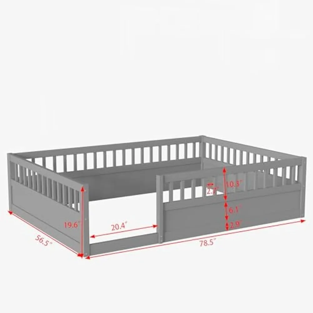 Full Size Floor Bed for Kids Bedroom,Solid Wood Bedframe w/Fence Easy Assemble & Space Saving Design No Box Spring Needed, Gray