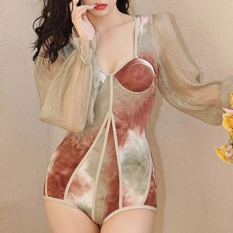 2023 New Summer Fashion Tie Dye High Waist Slim Fit Hot Spring Resort Beach Style Long Sleeve Sunscreen One Piece Bikini Set