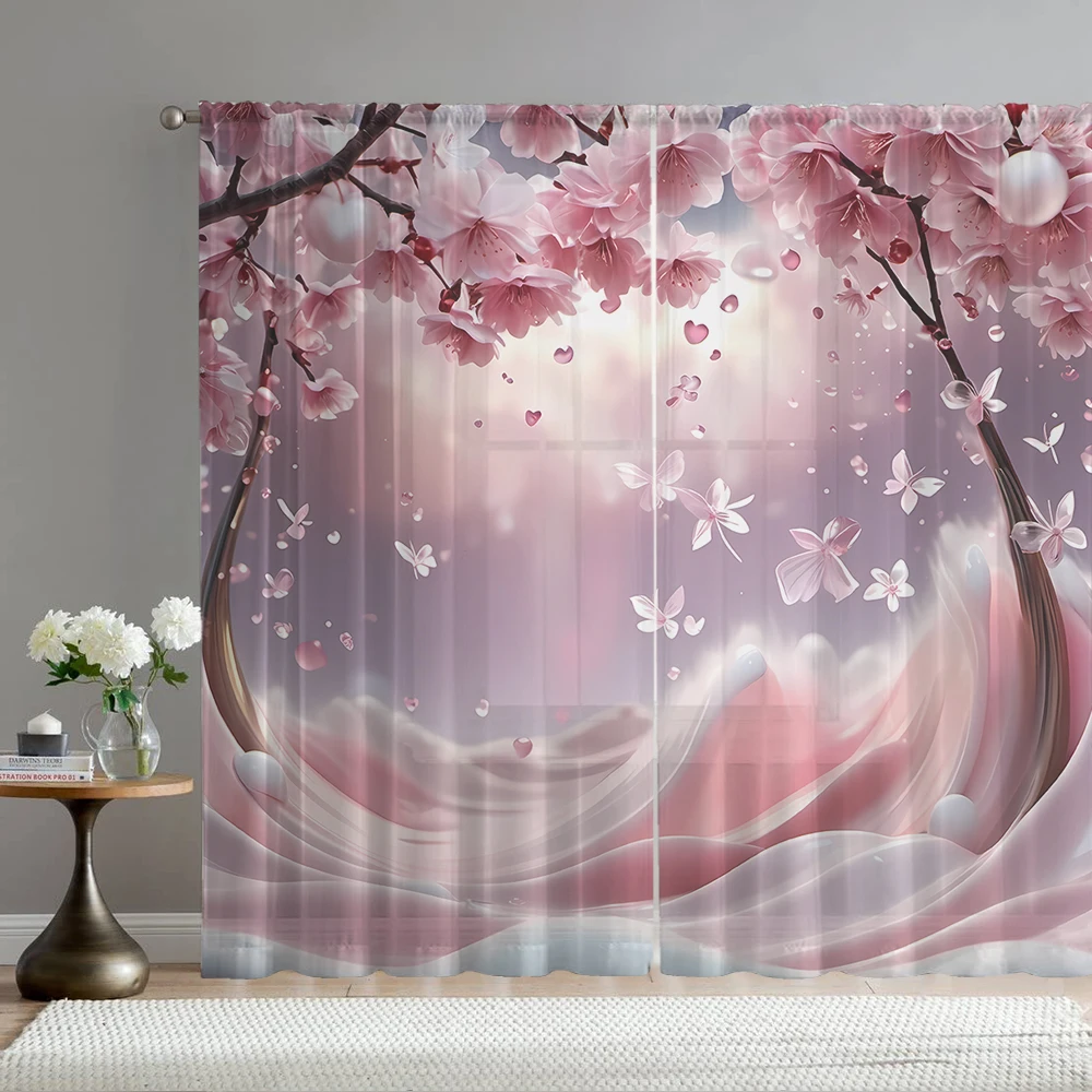 

2PCS Home decoration printed window screens, pink cherry blossom mountains, with pole bags, suitable for kitchens, cafes, living