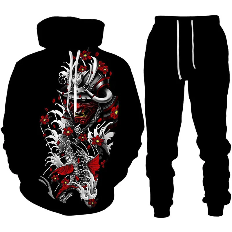 Fashion Cool Samurai Oni Mask Tattoo Art 3D Print Tracksuit Sets Casual Hoodie + Pants 2pcs Sets Man Woman Harajuku Streetwear