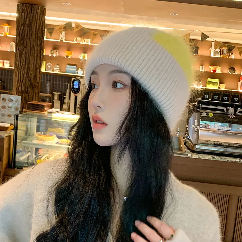 Fashion Headwear Cap Hugger Toque Stocking Knitted large-Head Rabbit Pullover Hat Women Autumn winter Plush warm Woolen 2M80