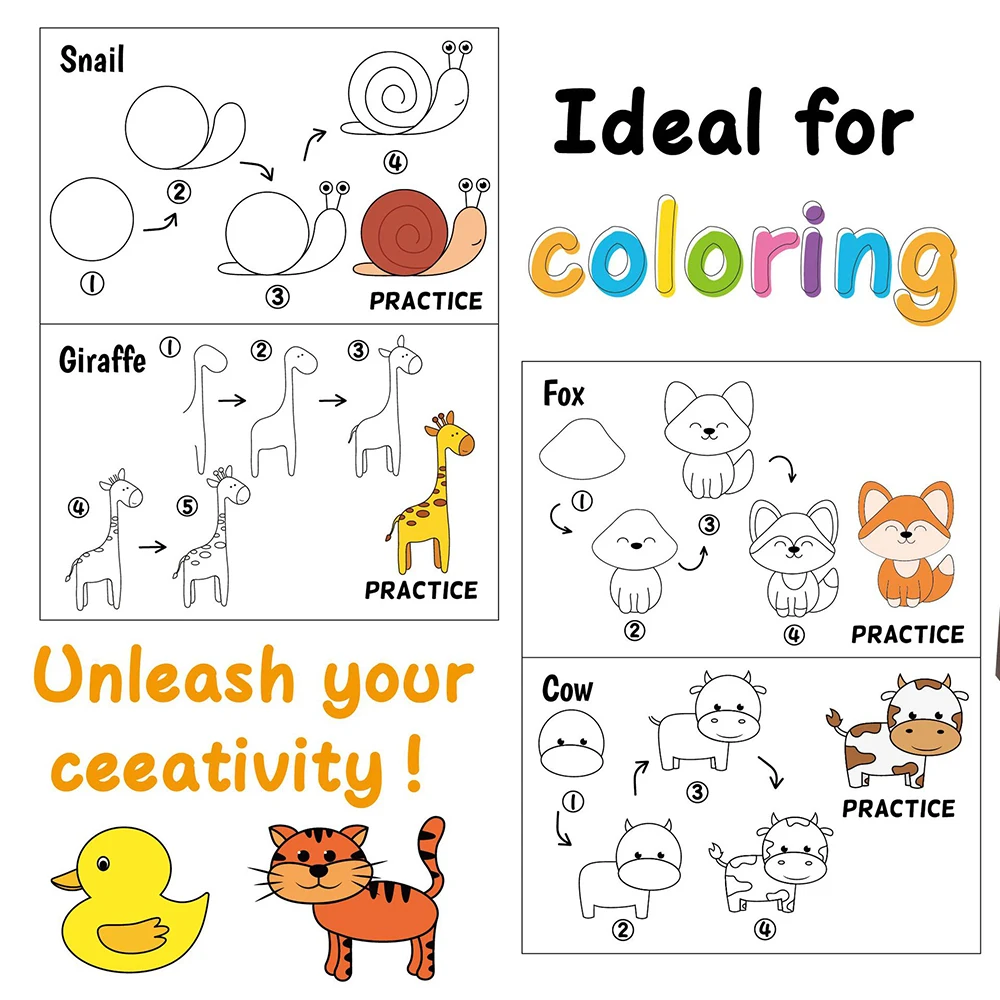 24 page basic line coloring book, step-by-step teaching, fun graffiti, multiple options for animal，food and transportation