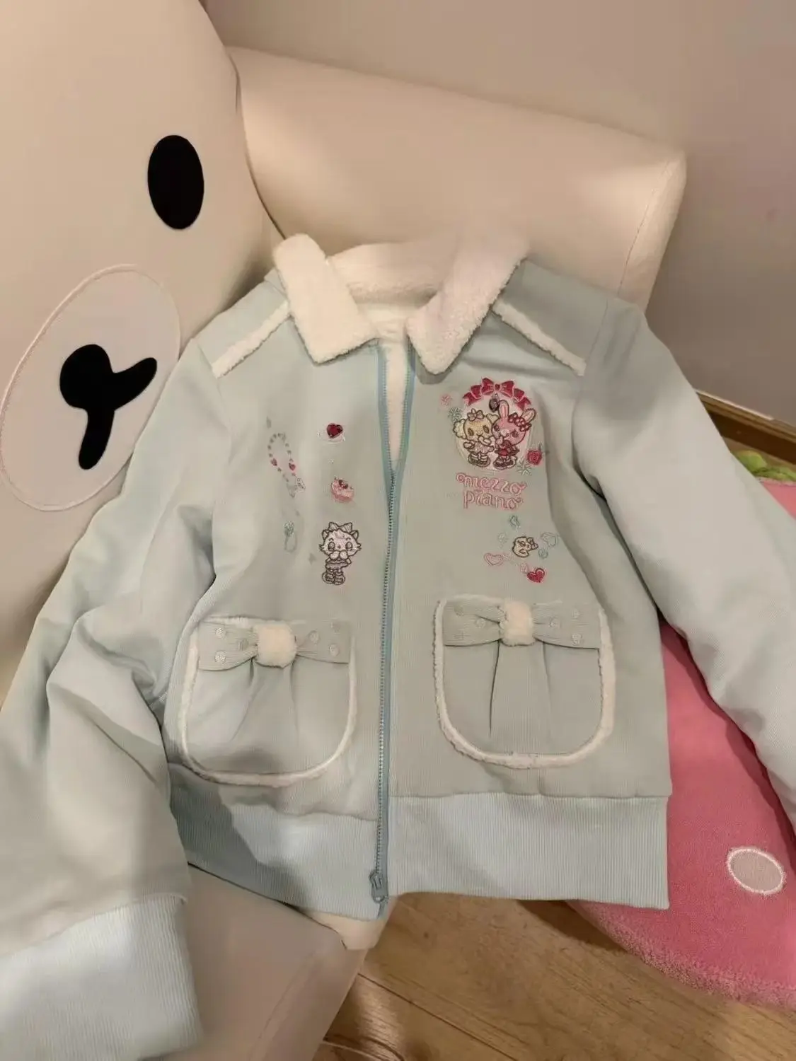 Cute Japanese Soft Girl Cartoon Mp Fleece Cardigan Jacket Winter Spring New Long-sleeve Zip Up Sweatshirt Sweet Jojifuku Y2k Top