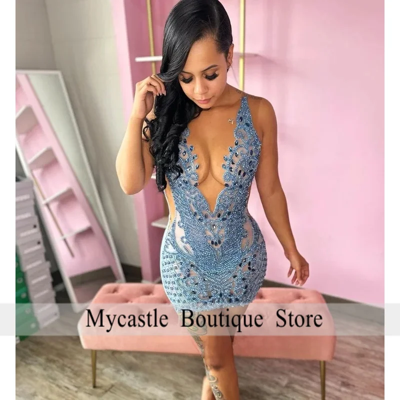 Luxury Blue Diamante Short Cocktail Prom Dress For Black Girls Glittering Sexy Crystal Beaded Beadwork Custom Vestidos De Festa
