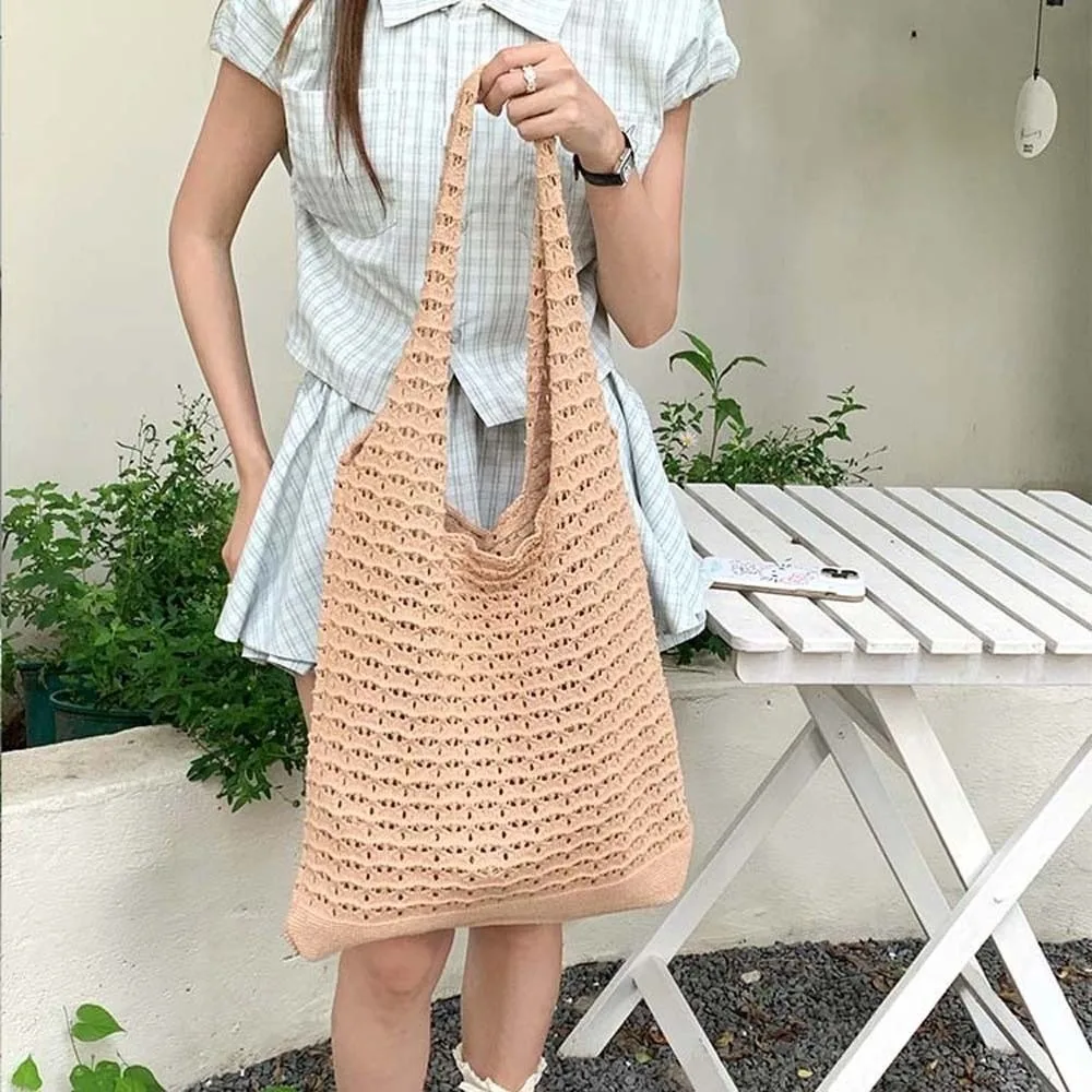 

Large Capacity Crochet Tote Bag Lightweight Korean Style Hollow Woven Shoulder Bag Cotton Polyester Knitting Handbag Summer