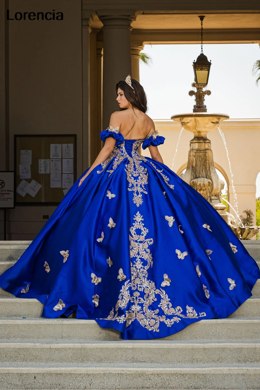 Lorencia-vestido De quinceañera azul real De México, vestido De baile, corsé De cuentas con apliques De mariposa dorada, dulce 16, 15 Años, YQD841