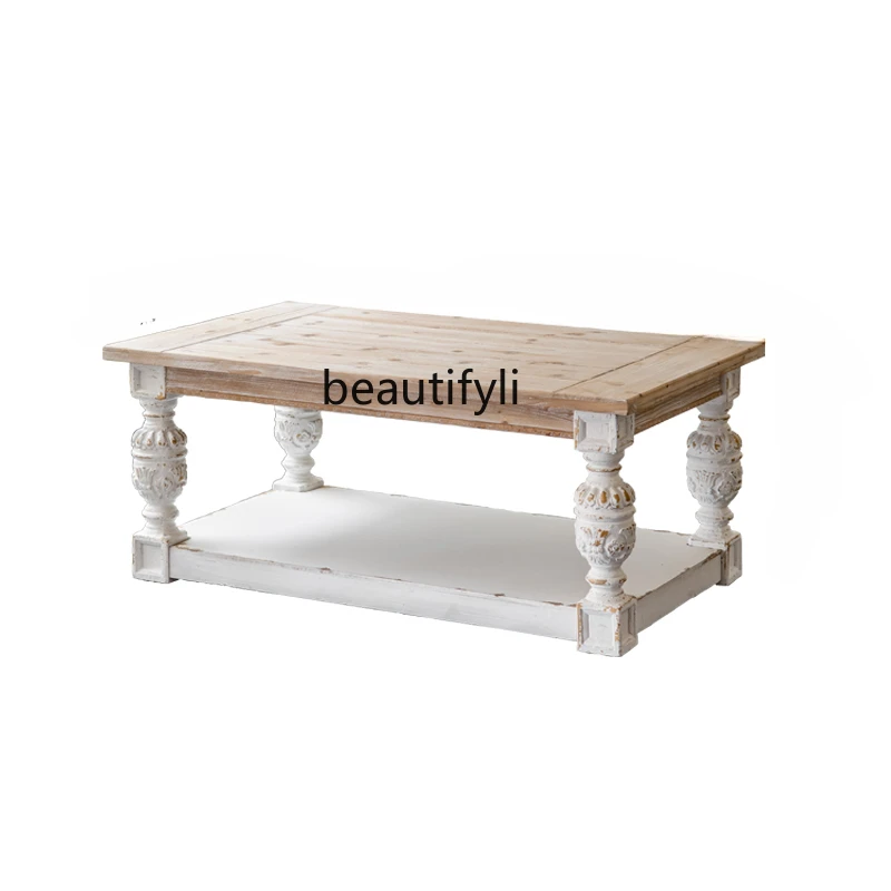 

American Country Vintage Engraving Living Room Solid Wood Tea Table French Entry Lux Style B & B Sofa Side Table