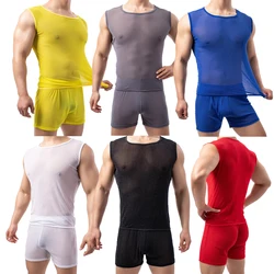 Sexy Mens Undershirts Mesh Transparent Sleeveless T Shirt Fitness Tank Tops Sheer Underwear Boxer Shorts Sexy Men Clothes Set