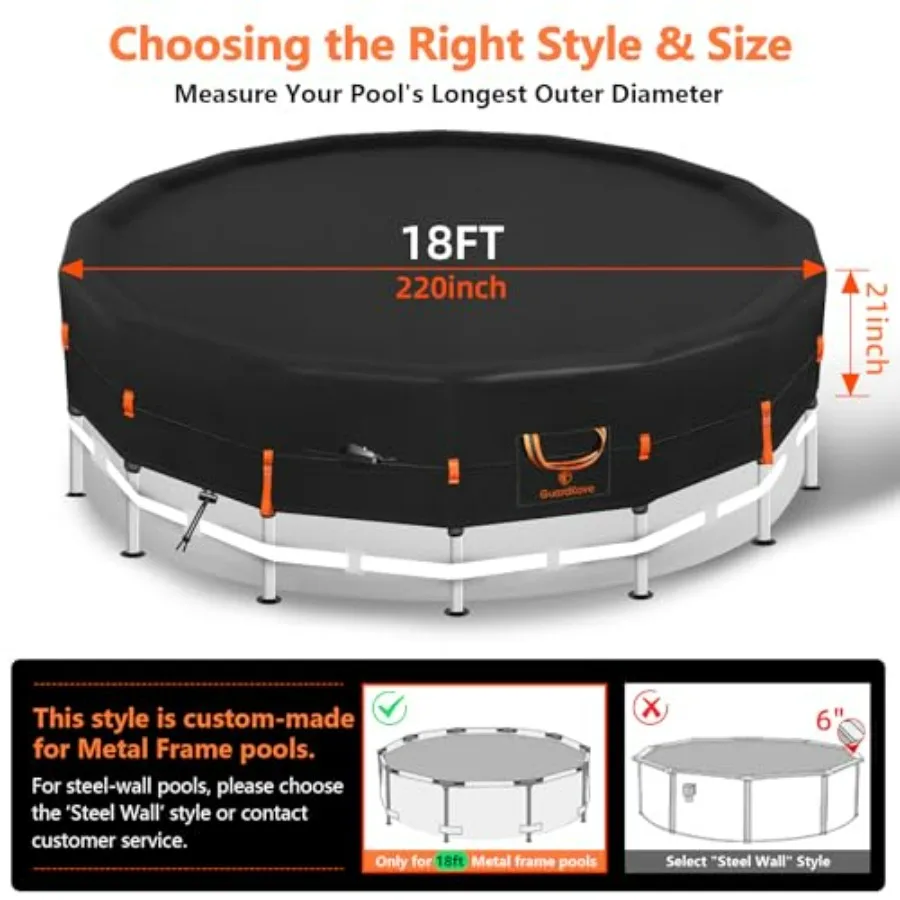 Above Ground Frame Pools solar cover, 500D one-piece tear-resistant material, black, 4-way windproof system with ratchet, strap