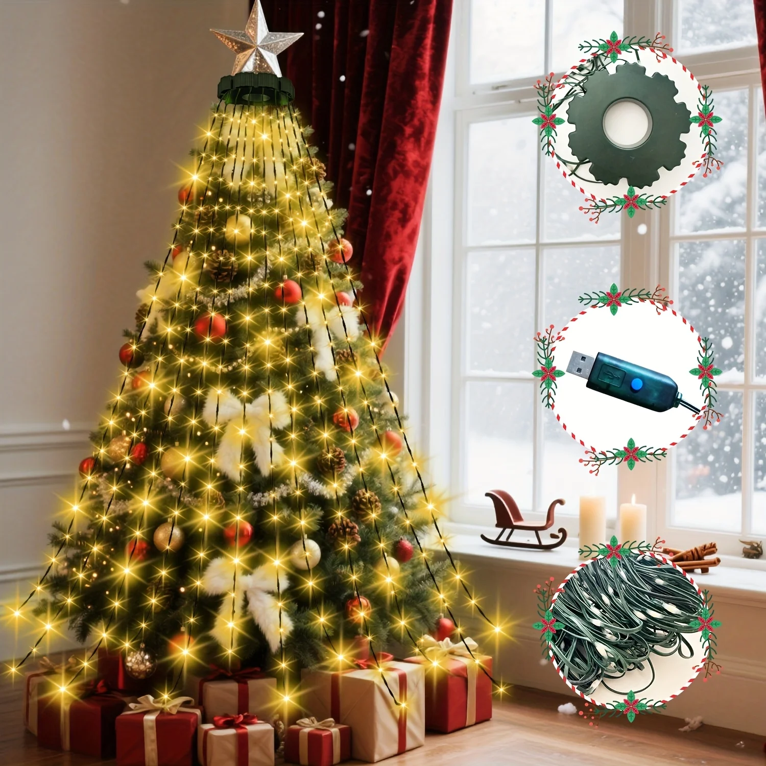 مصابيح شلال شجرة عيد الميلاد LED 400/320 - تعمل بمنفذ USB مع جهاز تحكم عن بعد، أبيض دافئ ولون، 8 أوضاع، للحديقة/الفناء/ديكور المنزل