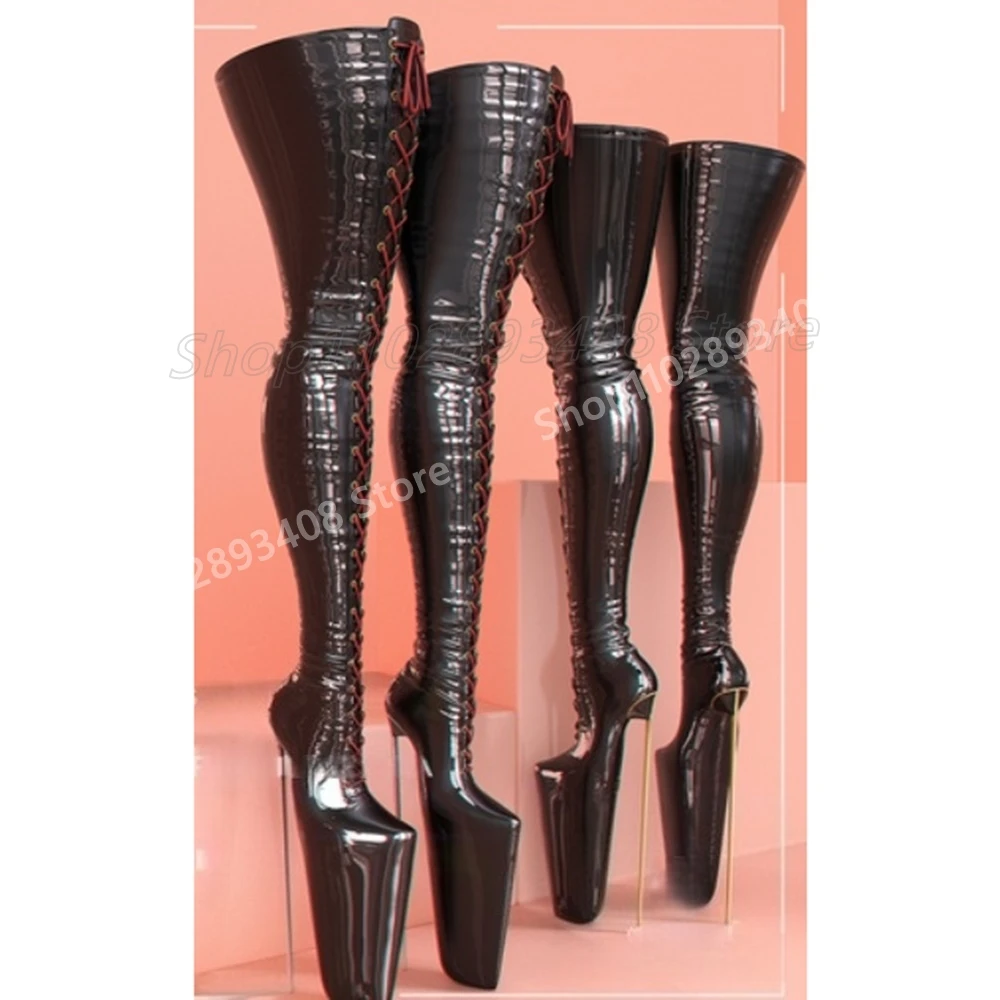 

Front Lace-up Shiny Leather Over the Knee Boots Platform Stiletto High Heel Fashion Sexy Hot Women Shoes 2025 Spring Para Mujere