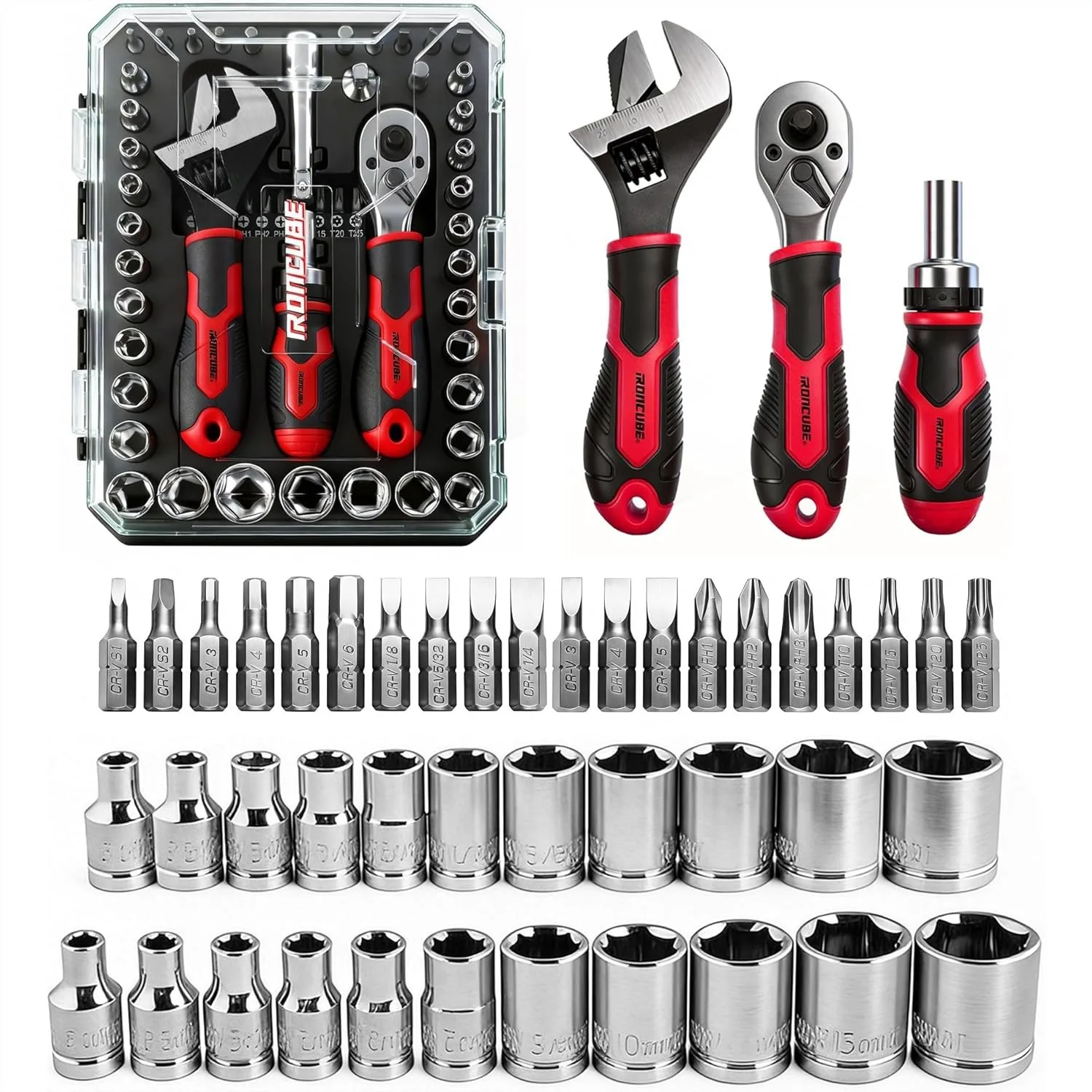 

53-Piece Socket Wrench Set with 20-in-1 Ratcheting Screwdriver & Adjustable Wrench for Garage, Auto Repair, Home DIY