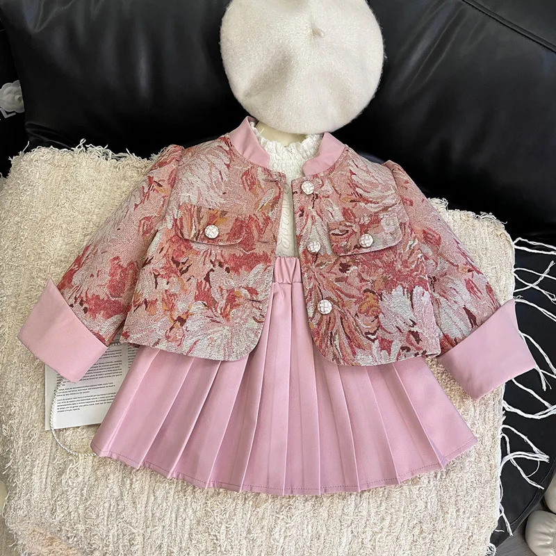 

Children Girls Retro Painting Outfits Autumn Jacquared Kids Girls Outwear Coat Pink Pleated Skirts Infant Girls 2PCS Clothes Set