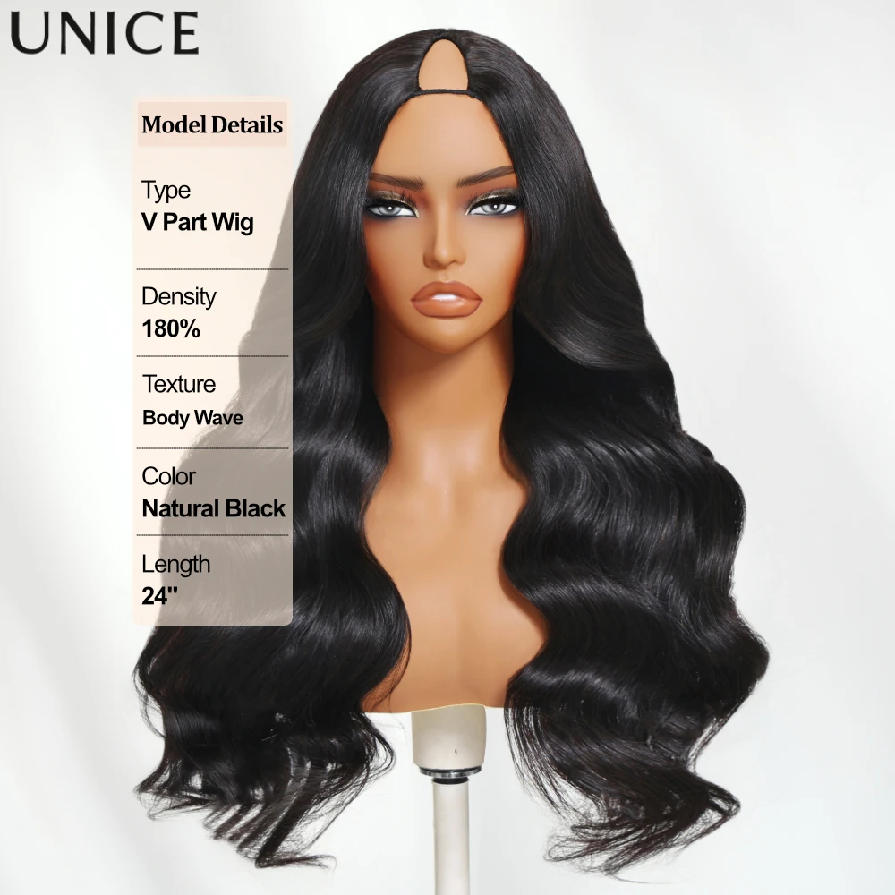 UNice 30Inch Body Wave V Part Wig With Drawstring & Seamless Hairline 100% Human Hair Wigs Beginner Friendly Glueless Wigs