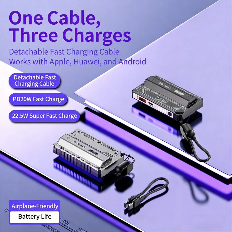 Tragbare, schnell aufladbare, abnehmbare Akku-Powerbank, 5000 mAh, selbstkabelgebundene mobile Powerbank für iPhone 17 16 15 14 Air Samsung