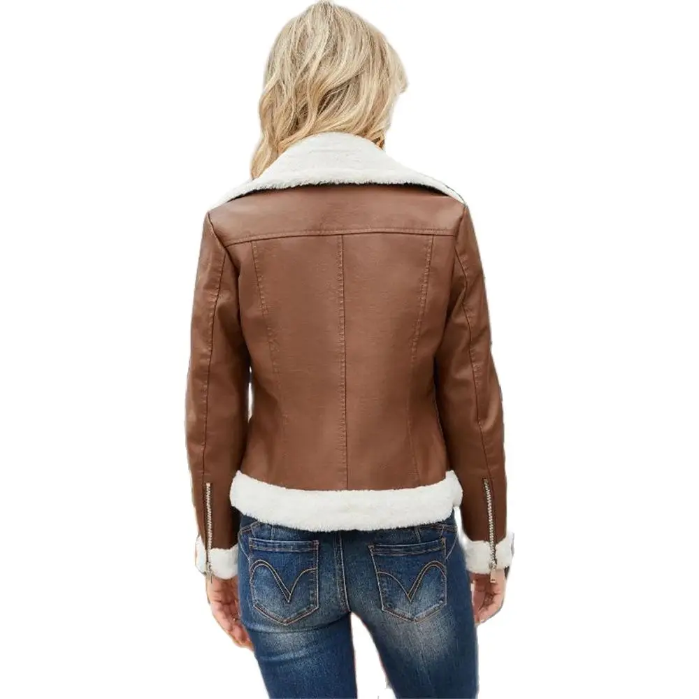 Women Leather Outerwear Winter Fashion Lady Fleece Warm Motorcycle Leather Coats Casual Girls Short Biker Jackets Clothing Tops