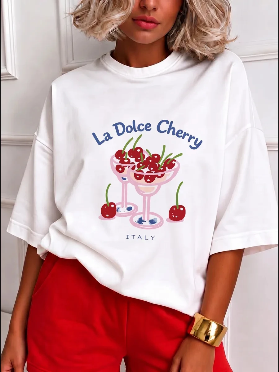 La Dolce Cherry Italy Prints Cotton T-Shirts Womens Summer Short Sleeve T Shirt Basic O-Neck Oversized Tops Casual Soft Clothes