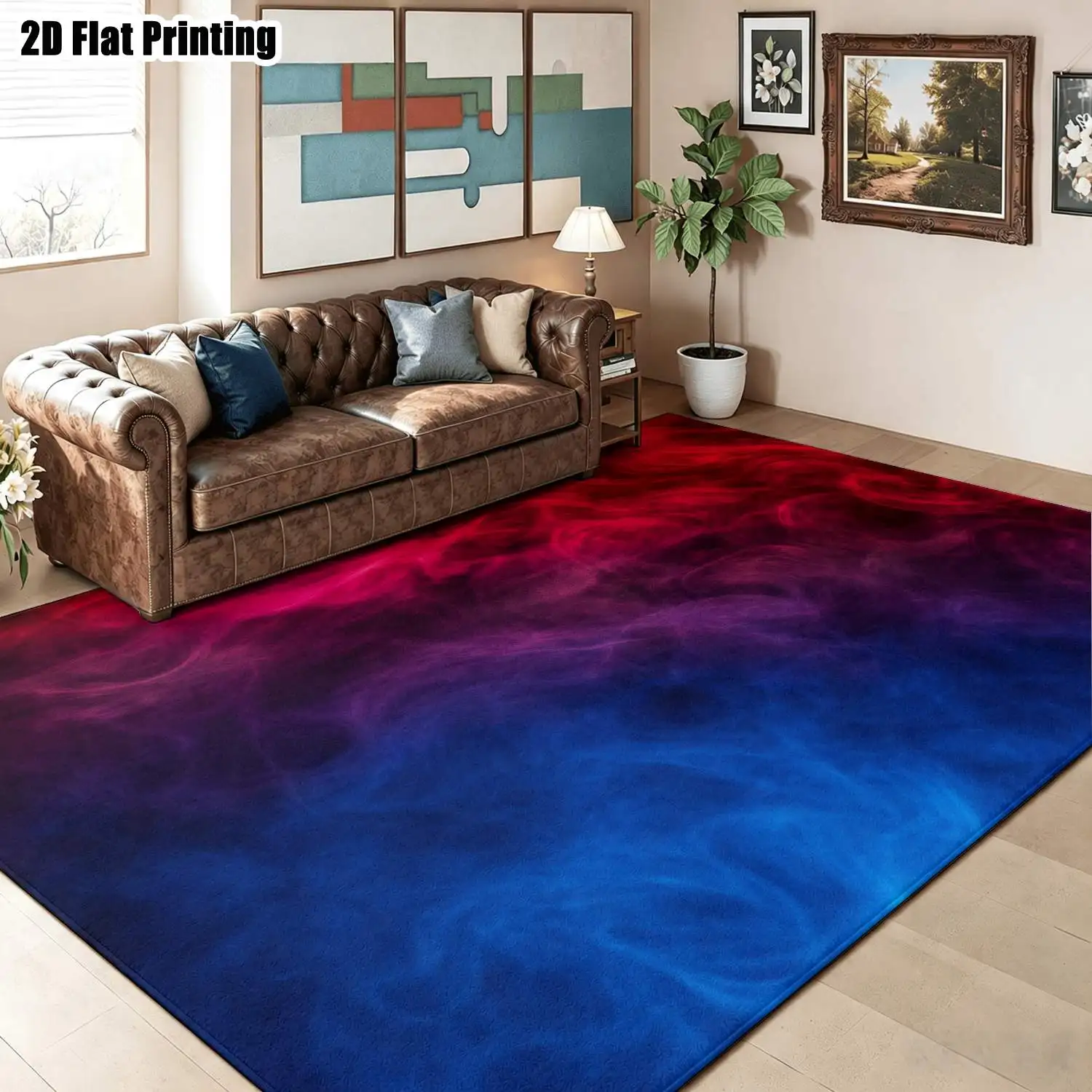 1Pc 2D Printed Abstract Art Nordic-Style Carpet, Red Purple Blue Geometric Stripe, Modern Minimalist, Machine Washable, Multi-Size, Ideal for Entryway, Dining Room, Bedroom, Living Room Decor