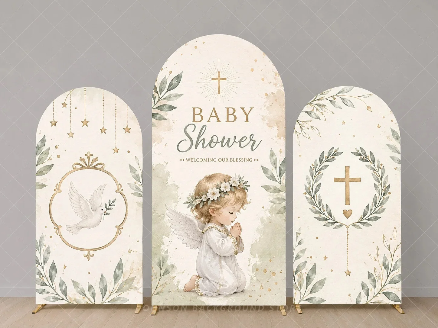 Christian Baby Shower Arch Cover Backdrop Baby Blessing Baptism Decoration Angel Cross Religious Arch Panels Party background