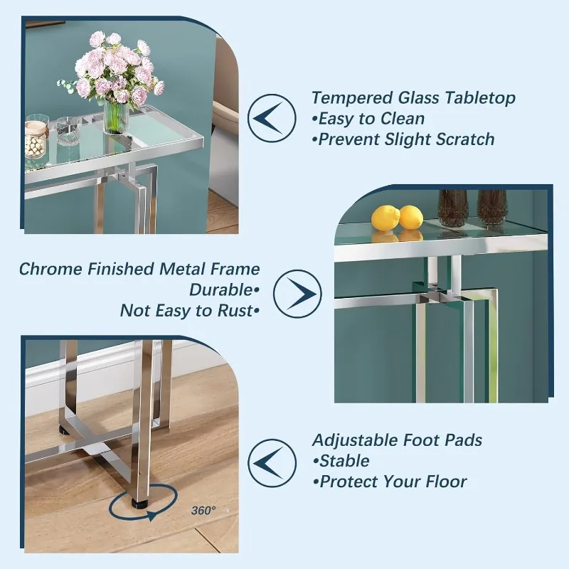 Glass Console Table for Entryway, Modern Entryway Table with Tempered Glass & Chrome Frame, Silver Sofa Table for Living Room