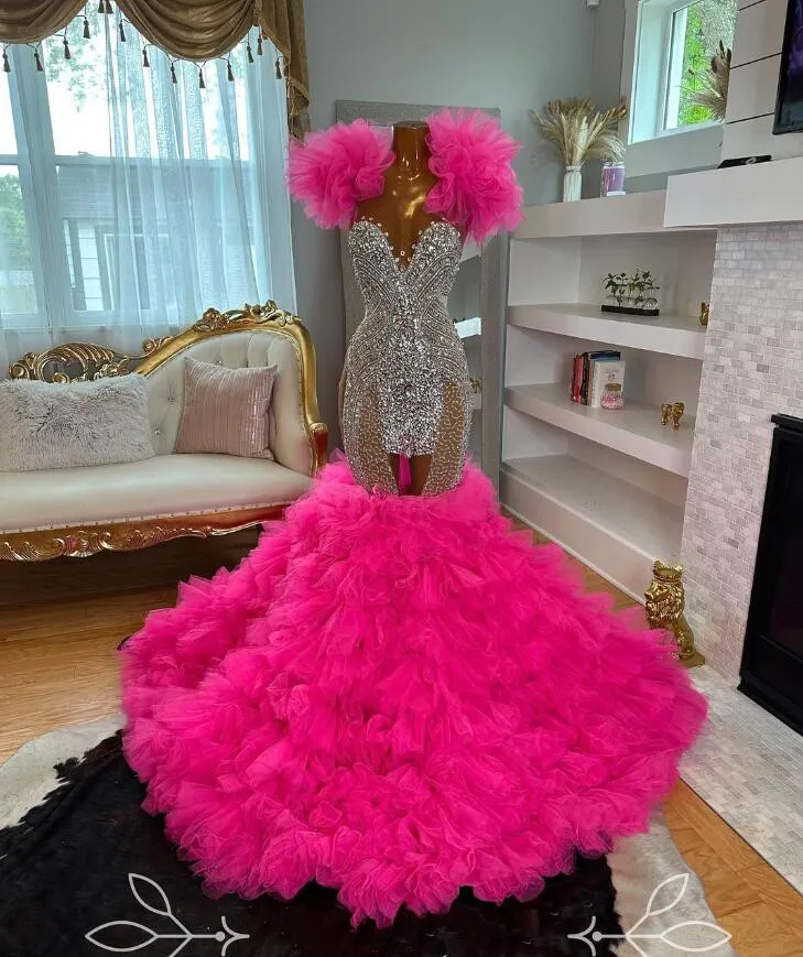 Fuchsia Pink Mermaid African Prom Ceremony Dresses for Women Sparkly Diamond Ruffles Skirt Evening Gown vestido elegance