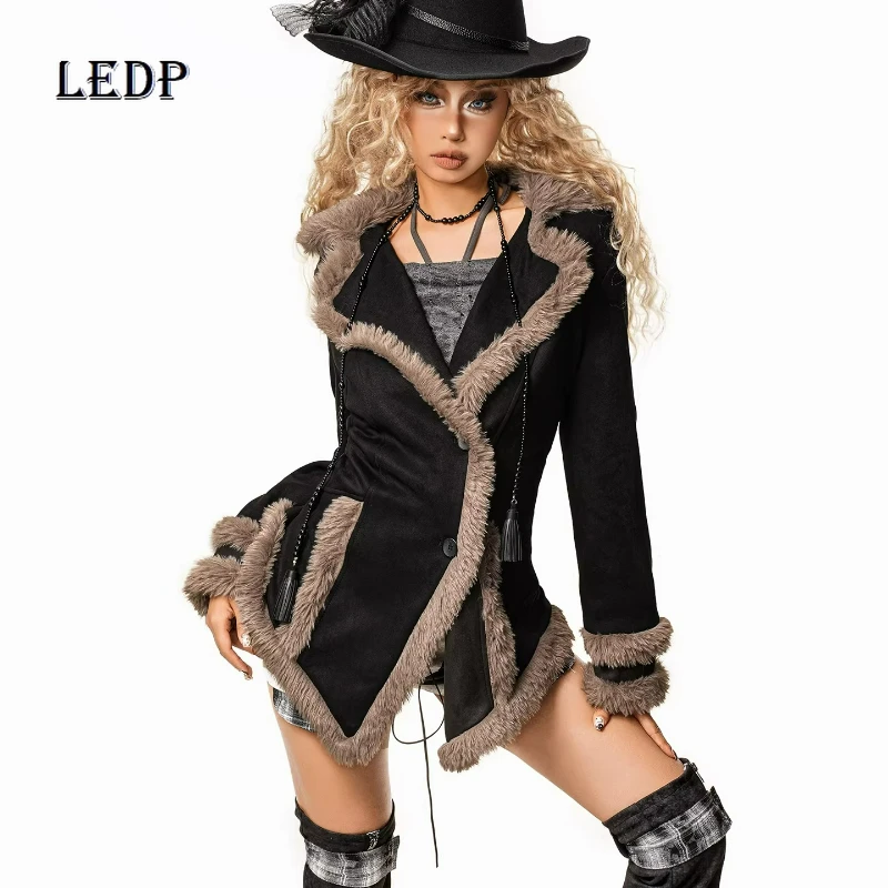 

Оригинальный дизайн, черная пушистая женская куртка с лацканами для девочек, осень-зима 2022, новые утягивающие замшевые куртки-локомотив, женские куртки