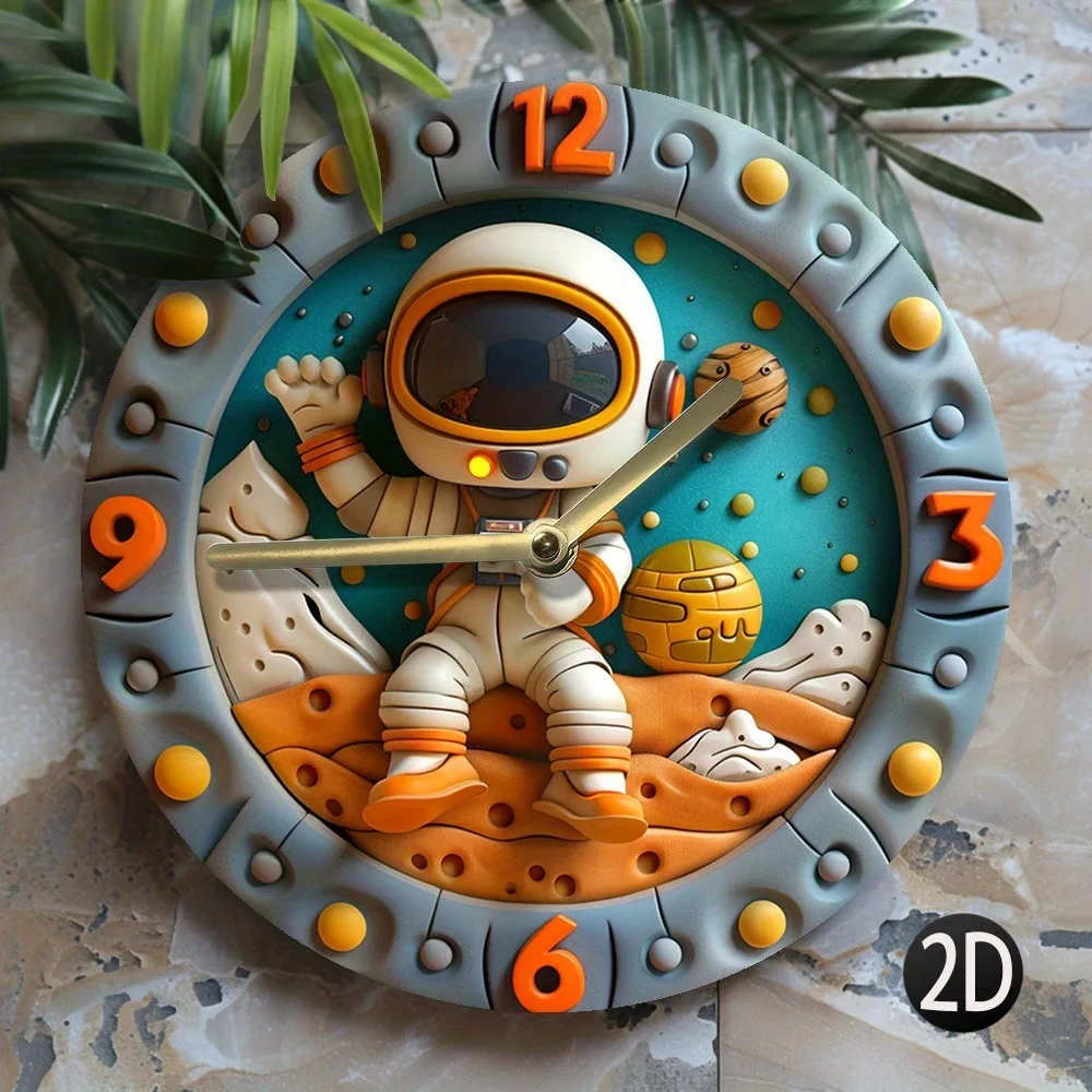 Wooden Wall Clock with Astronaut Design, Ideal for Kids' Rooms or Space - themed Decor. Requires AA Batteries