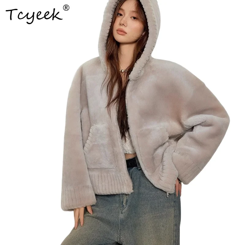 

Tcyeek шерсть осень зима элитный модный мех с капюшоном цельный короткий однотонный женский меховой пальто из овечьей шерсти Fourrures Femme