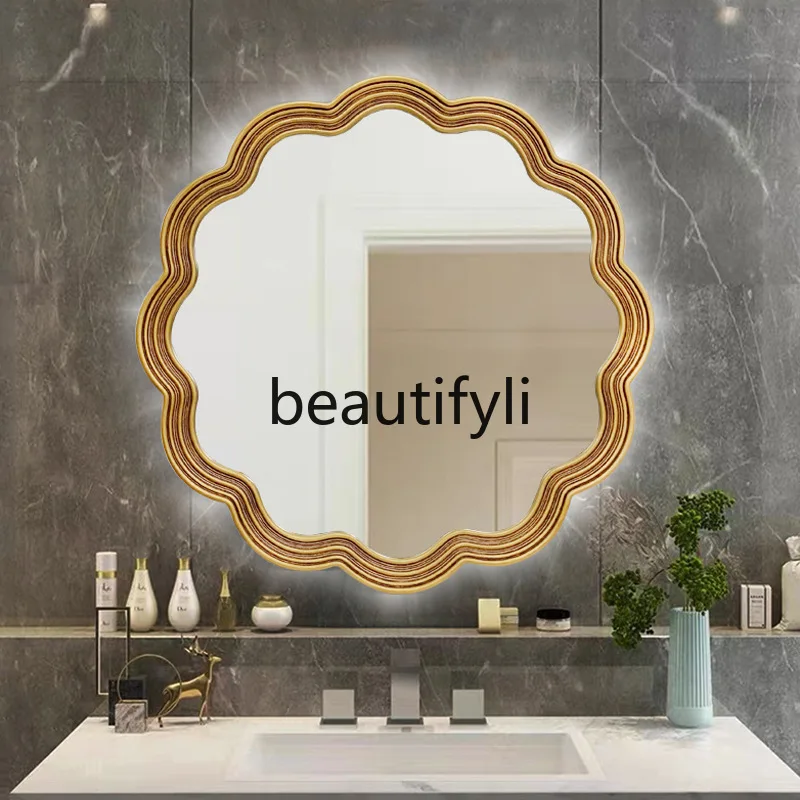 American retro wavy LED bathroom mirror luminous wall-mounted mirror, smart light with vanity vanity makeup mirror