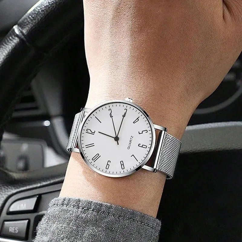 Mens Trend Simple Casual Fashion Ultra Thin Calendar Digital Luxury Business Silver Stainless Steel Mesh Quartz Wristwatch