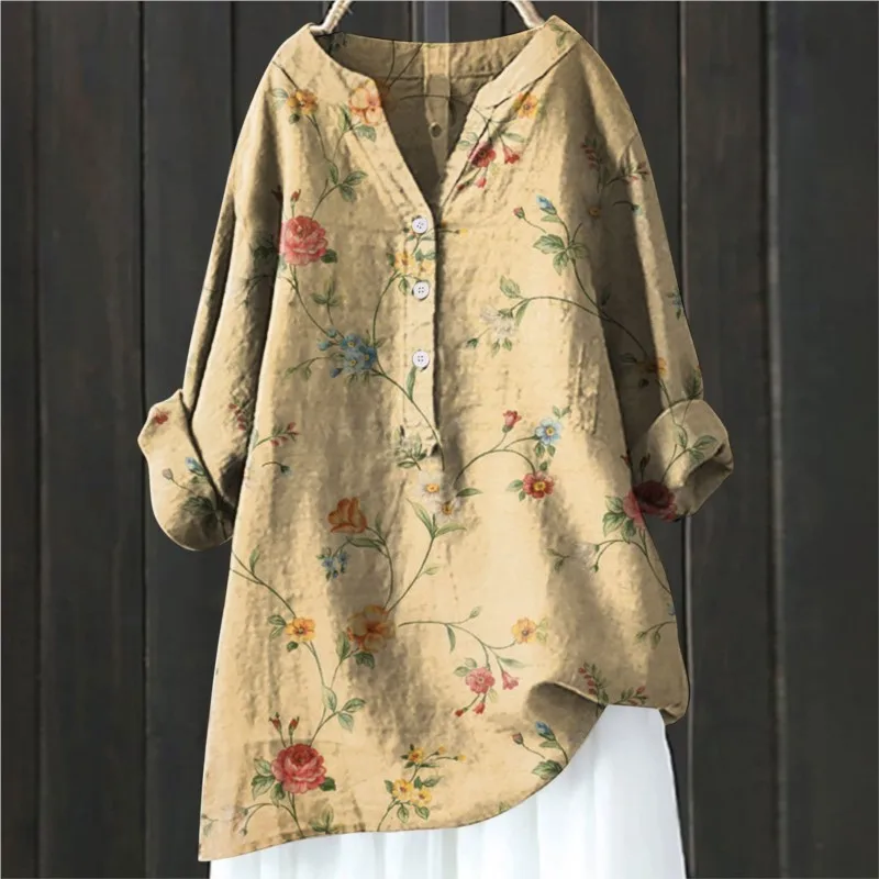 

Vintage Floral Art Print Linen Shirts New Summer Women Casual Trendy V Neck Dressy Blouses Long Sleeve Button Tunic Long Tops