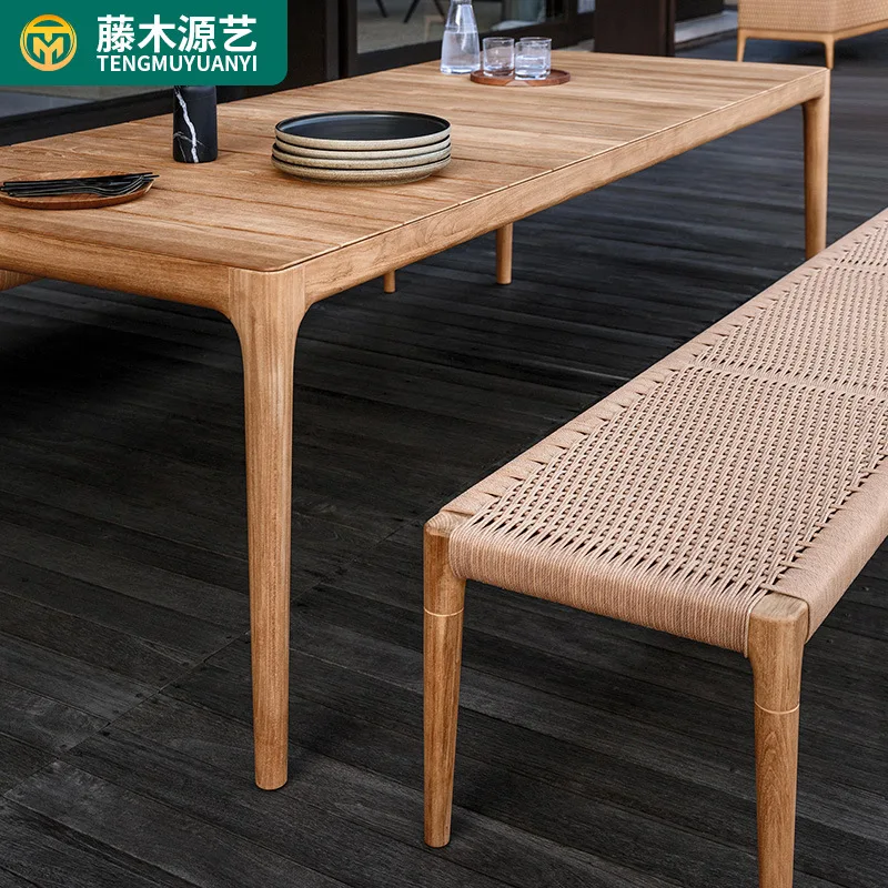 Teak Outdoor Tables And Chairs Courtyard Open-air Villa Garden Outdoor Solid Wood Waterproof Sunscreen Rattan Tables And Chairs