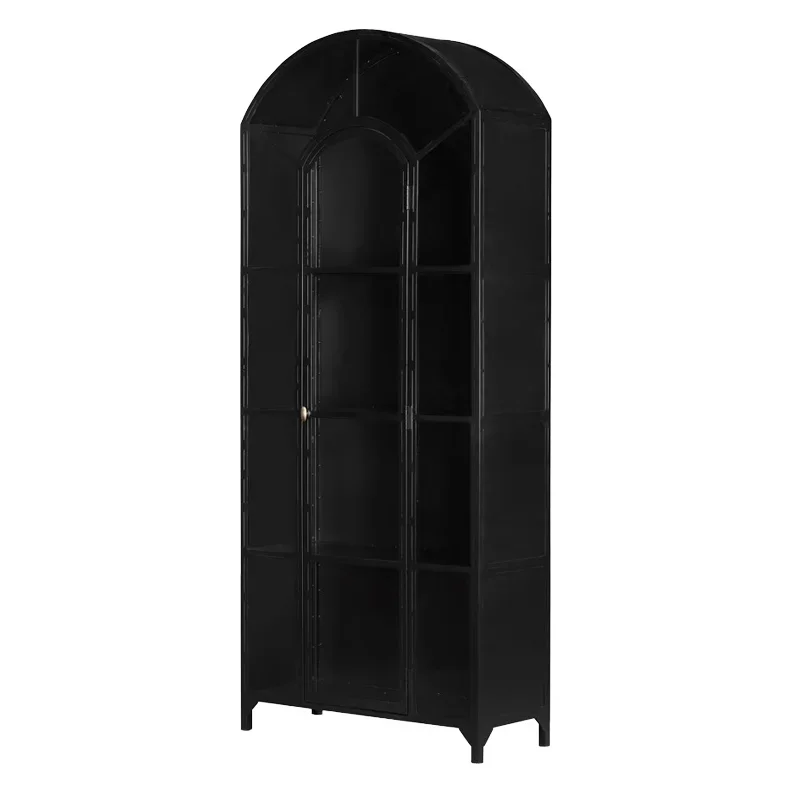 Living room bookcase, solid black arched wine cabinet with oak and glass door display case