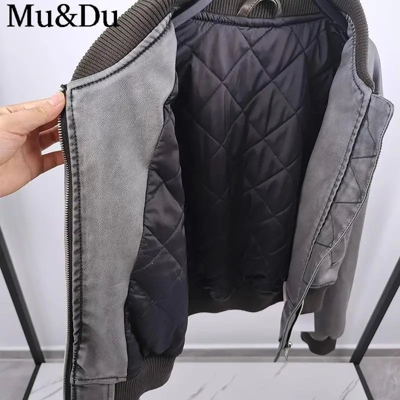 Mu&Du 2023 Autumn Vintage Distress Faux Leather Zip Pocket Crop Bomber Jacket Female Pu Street Short Baseball Coats Outwear Chic