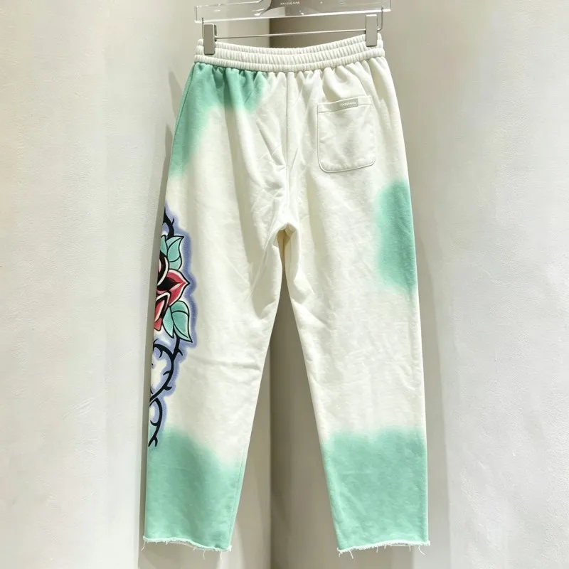 Retro Graffiti Thorn Rose Print Hotfix Rhinestone Letter DUAA Sweatpants Washed Worn Green Tie Dye Drawstring Cutting Trousers