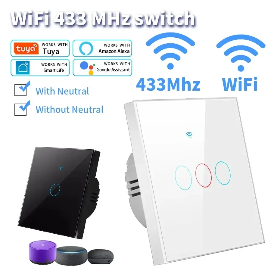 Interruptor inteligente WiFi, Interruptor táctil de pared con luz europea, 220V, sin necesidad de cable neutro, Tuya Smart Life, funciona con Alexa, Google Home, 1/2/3 entradas