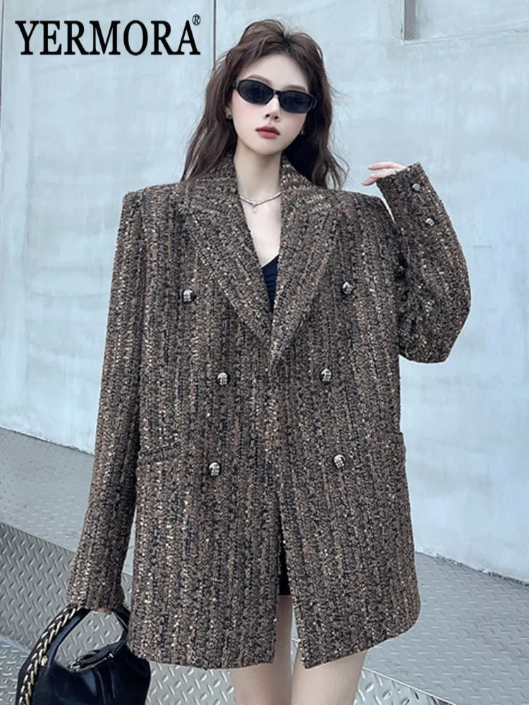 

YERMORA Coffee Button Pocket Vintage Blazer For Women Lapel Long Sleeve Loose New Jacket Fashion Tide Autumn Winter 2025